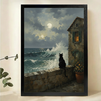 Black Cat by the Moonlit Sea Wall Art – Dramatic Dark Landscape Canvas Print on Natural Wood Frame