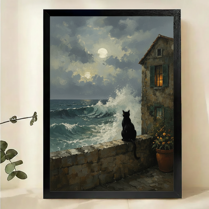 Black Cat by the Moonlit Sea Wall Art – Dramatic Dark Landscape Canvas Print on Natural Wood Frame