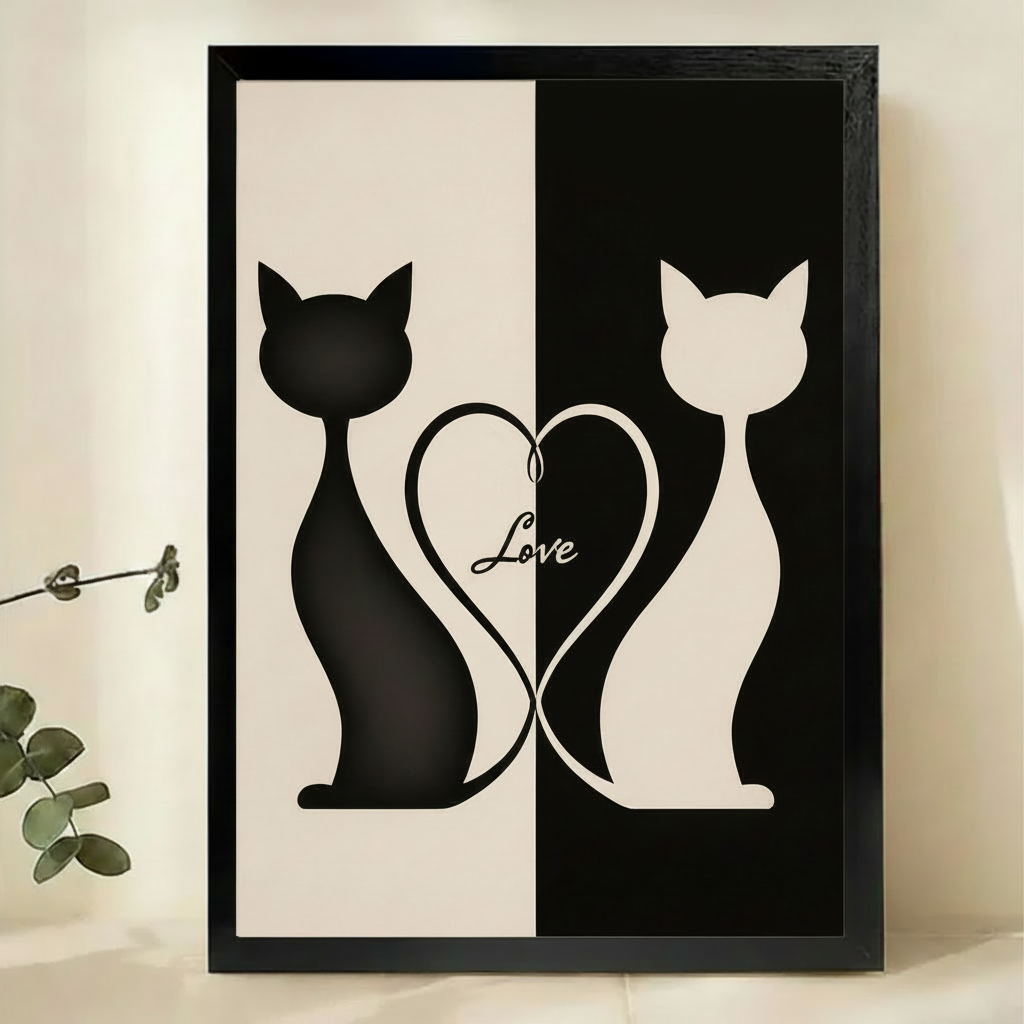 Black & White Cat Love Wall Art – Minimalist Yin Yang Cat Canvas Print on Natural Wood Frame