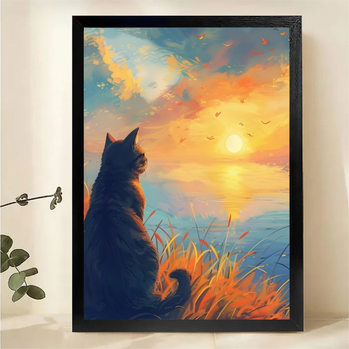 Cat Watching Sunset Wall Art - Peaceful Landscape Print