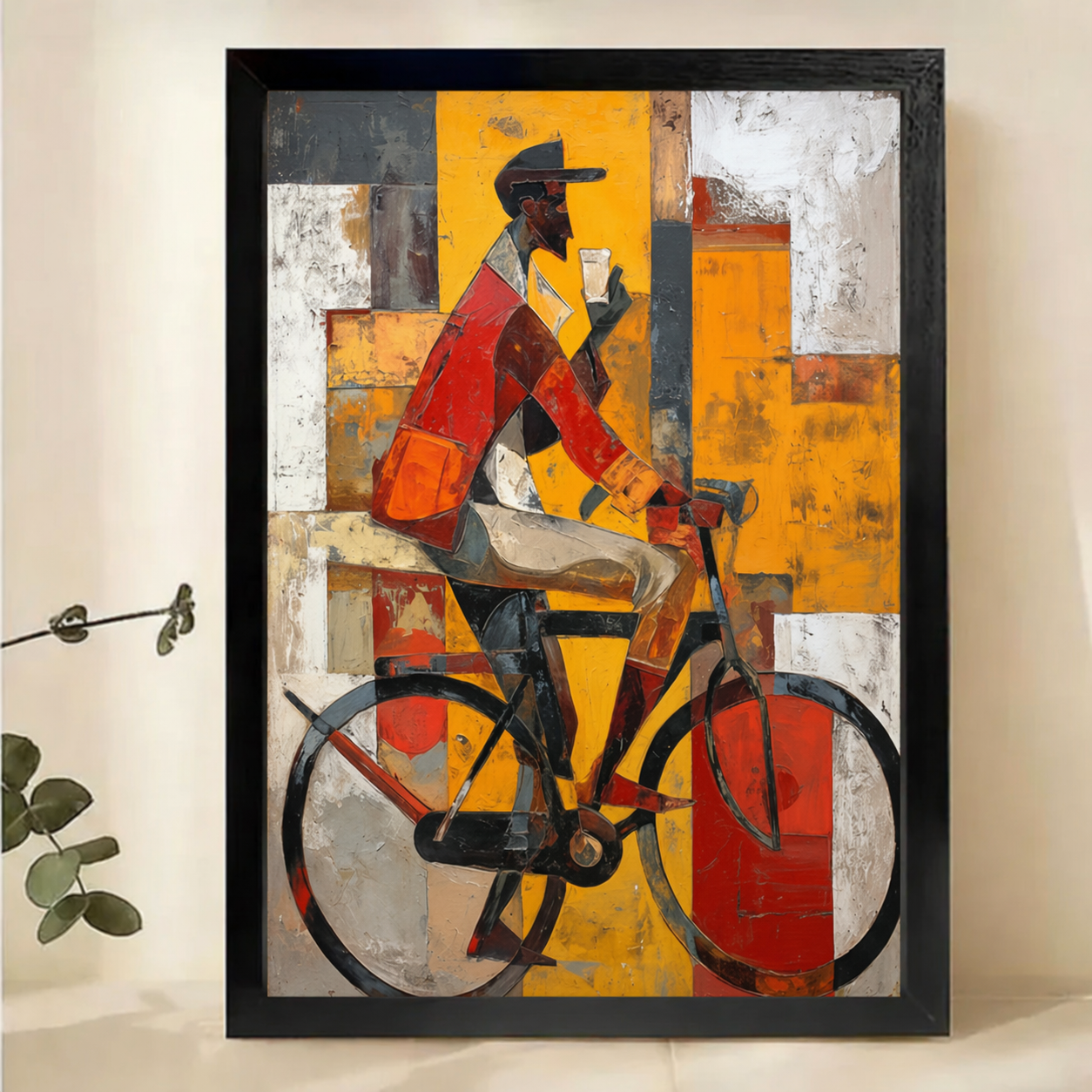 Cyclist in the City Wall Art – Bold Cubist Abstract Canvas Print on Natural Wood Frame