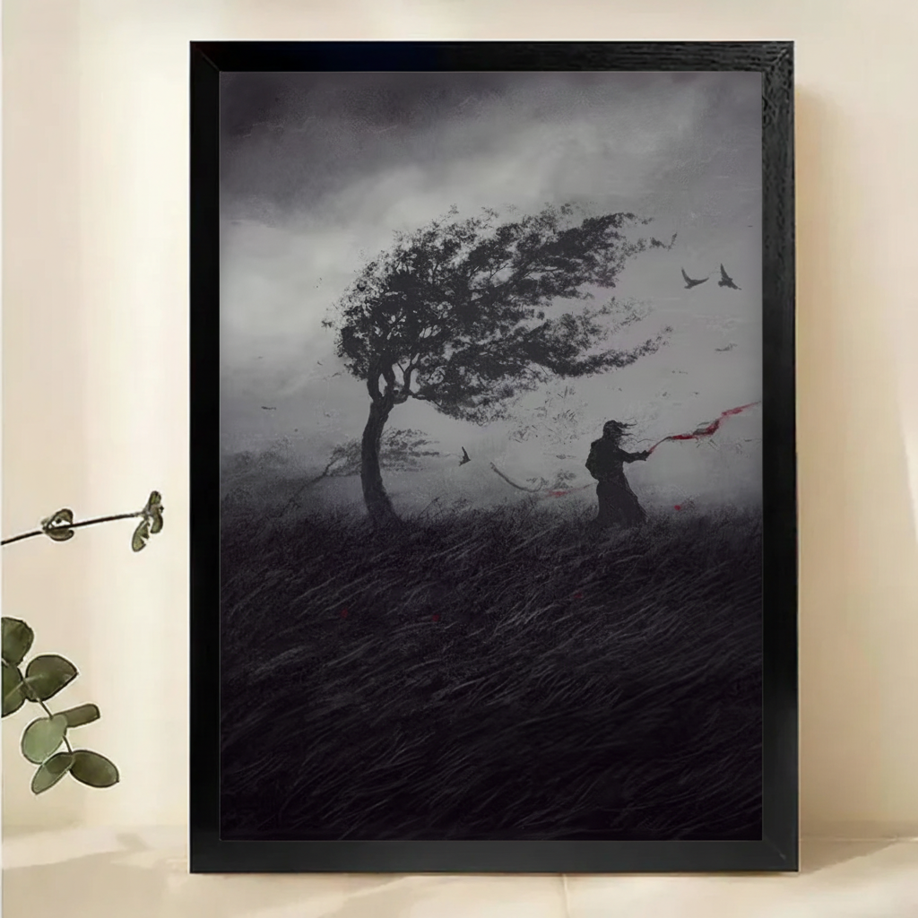 Solitary Figure in the Storm Wall Art – Dark Cinematic Landscape Canvas Print on Natural Wood Frame