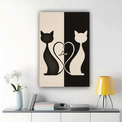 Black & White Cat Love Wall Art – Minimalist Yin Yang Cat Canvas Print on Natural Wood Frame