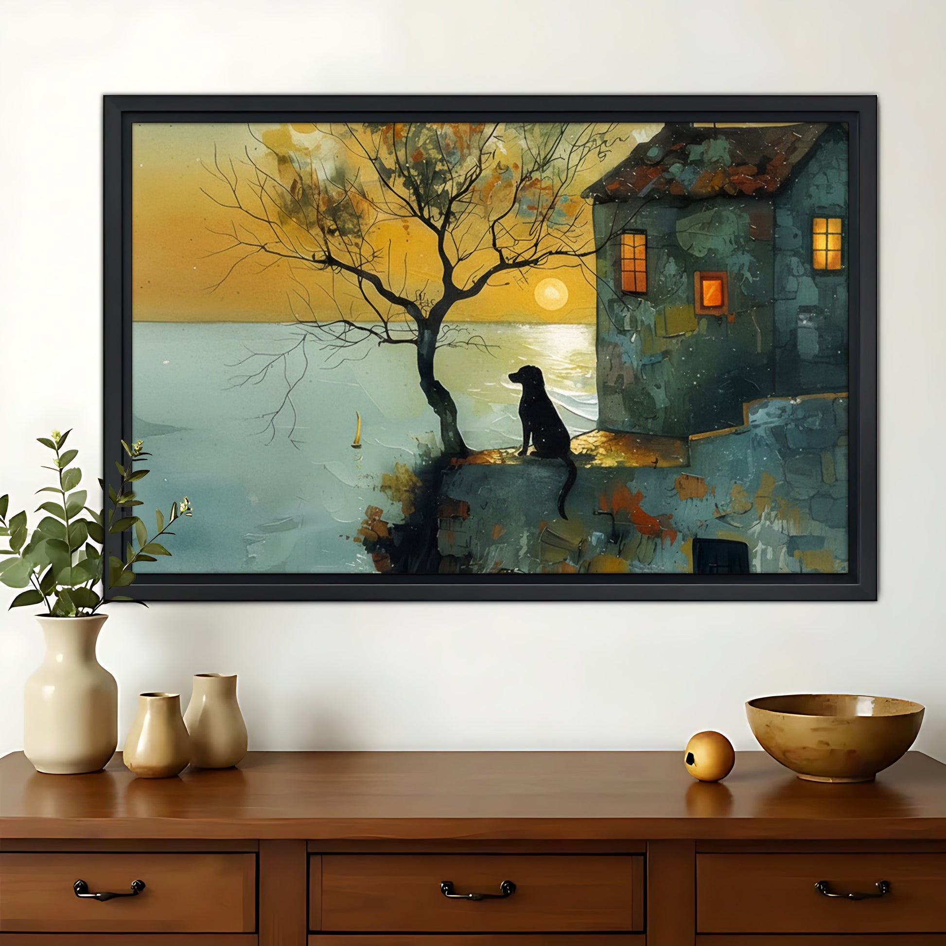 Coastal Sunset Black Dog Silhouette – Vintage Whimsical Wall Art on Natural Wood Canvas