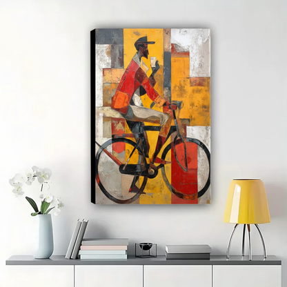 Cyclist in the City Wall Art – Bold Cubist Abstract Canvas Print on Natural Wood Frame