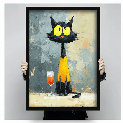 Black Cat Wine Glass Impasto Canvas Wall Art