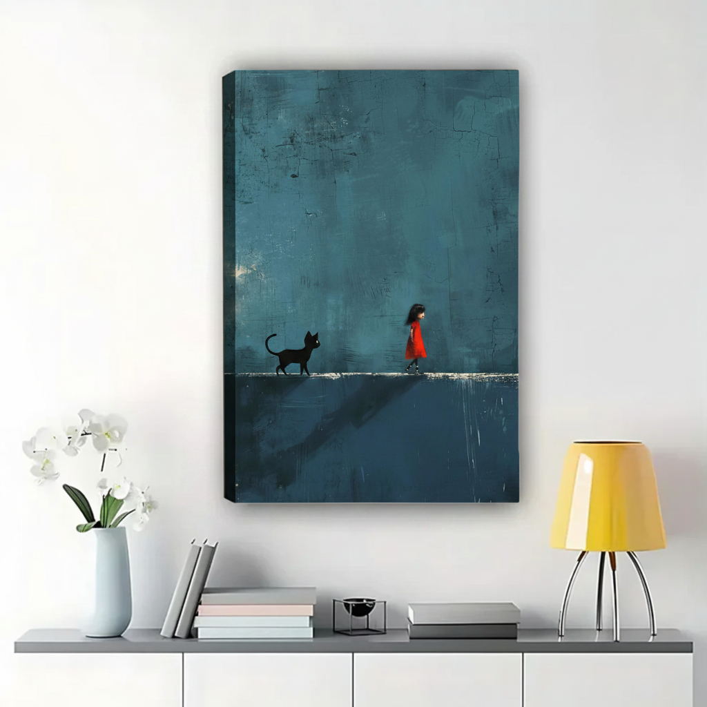 Girl in Red and Black Cat Wall Art – Moody Minimalist Canvas Print on Natural Wood Frame