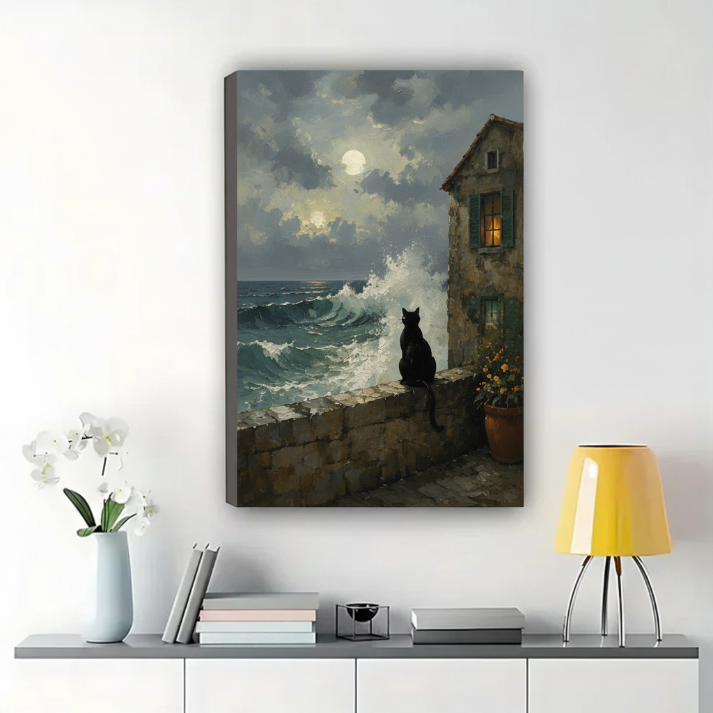 Black Cat by the Moonlit Sea Wall Art – Dramatic Dark Landscape Canvas Print on Natural Wood Frame