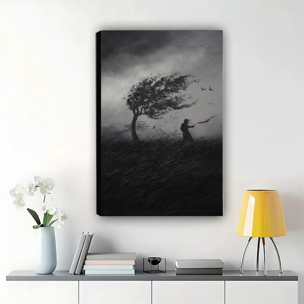 Solitary Figure in the Storm Wall Art – Dark Cinematic Landscape Canvas Print on Natural Wood Frame