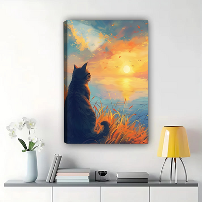 Cat Watching Sunset Wall Art - Peaceful Landscape Print