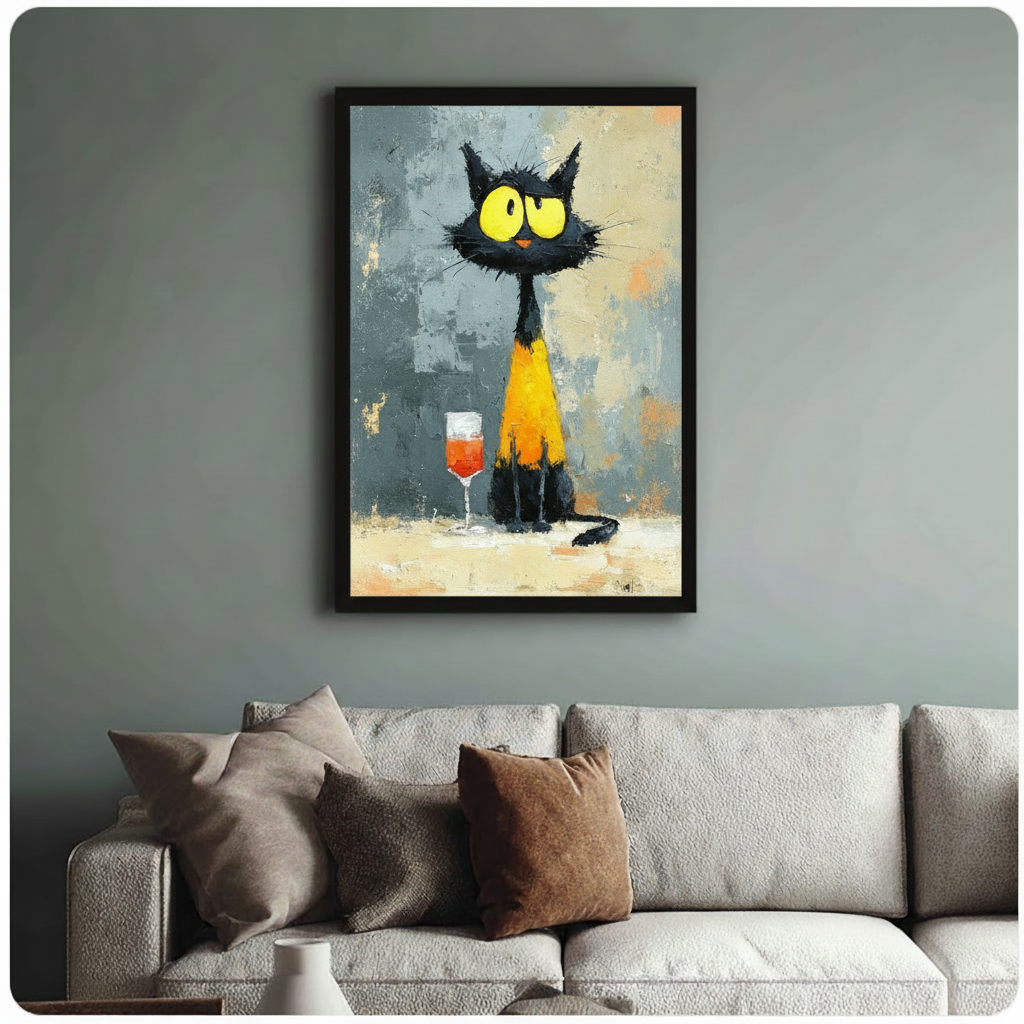 Black Cat Wine Glass Impasto Canvas Wall Art