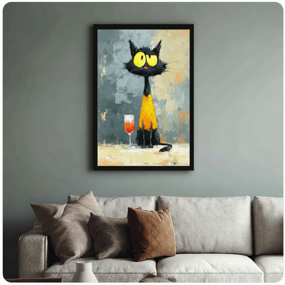 Black Cat Wine Glass Impasto Canvas Wall Art