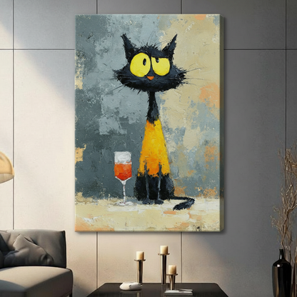 Black Cat Wine Glass Impasto Canvas Wall Art