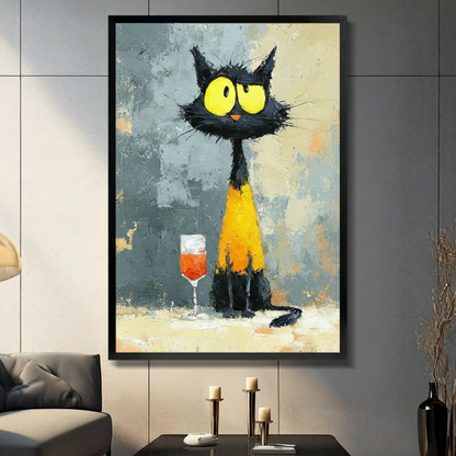Black Cat Wine Glass Impasto Canvas Wall Art