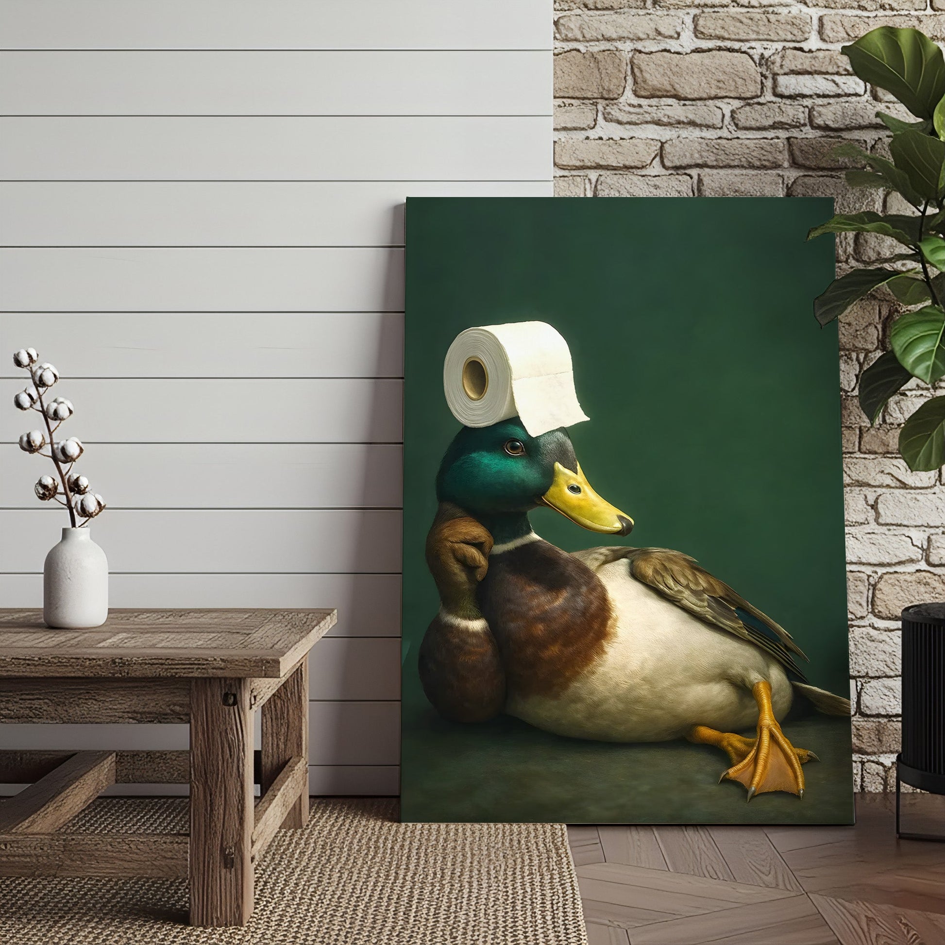 Funny Duck Bathroom Canvas Wall Art – Quirky Rustic Lodge Decor – Mallard Humor Gift Idea