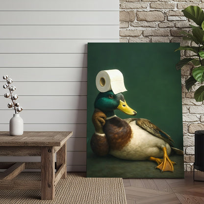Funny Duck Bathroom Canvas Wall Art – Quirky Rustic Lodge Decor – Mallard Humor Gift Idea