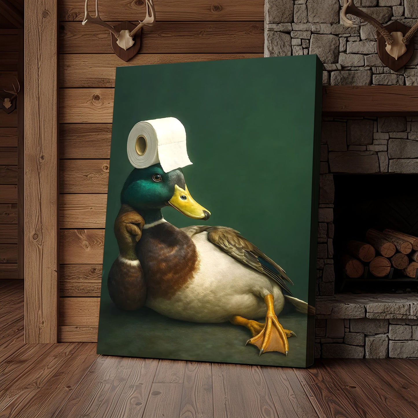 Funny Duck Bathroom Canvas Wall Art – Quirky Rustic Lodge Decor – Mallard Humor Gift Idea