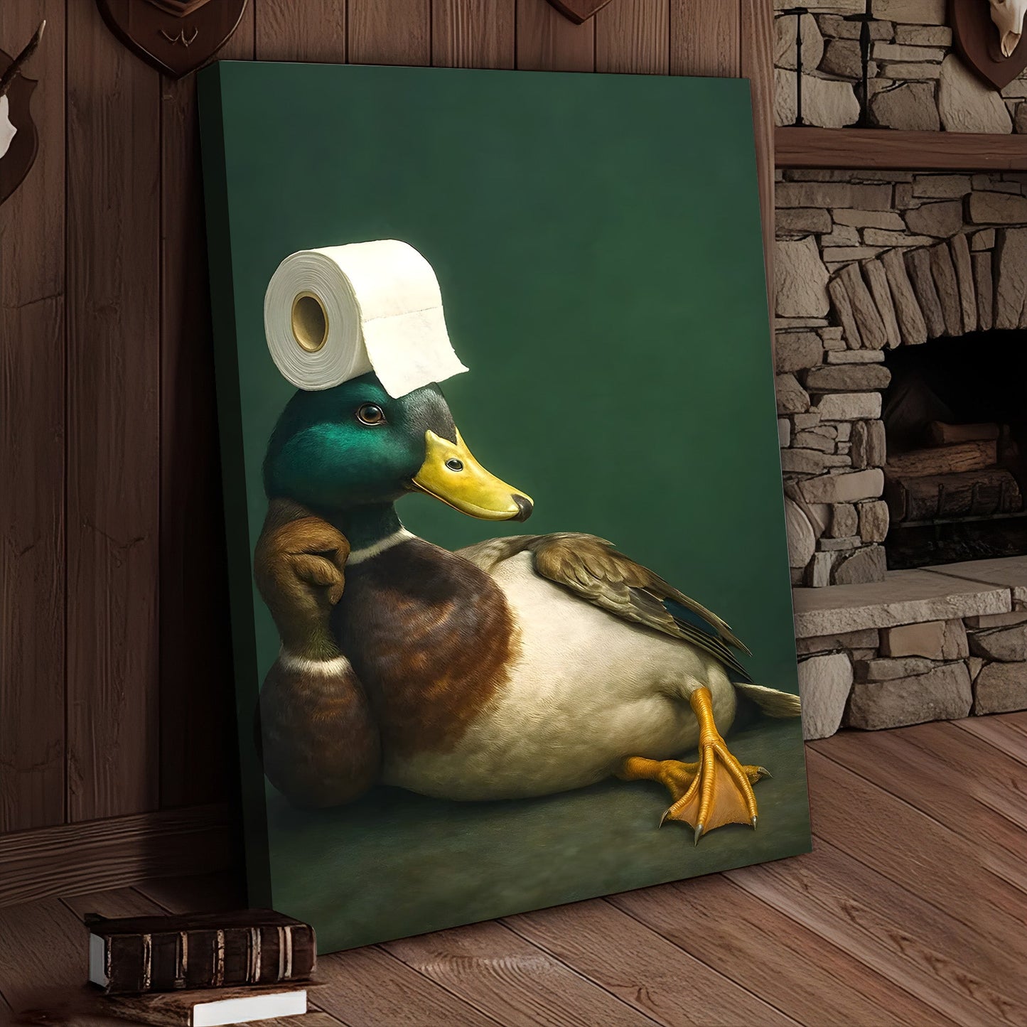 Funny Duck Bathroom Canvas Wall Art – Quirky Rustic Lodge Decor – Mallard Humor Gift Idea