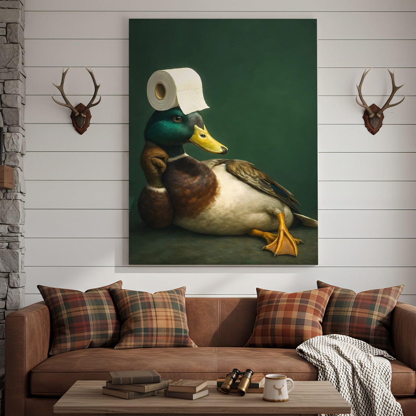 Funny Duck Bathroom Canvas Wall Art – Quirky Rustic Lodge Decor – Mallard Humor Gift Idea