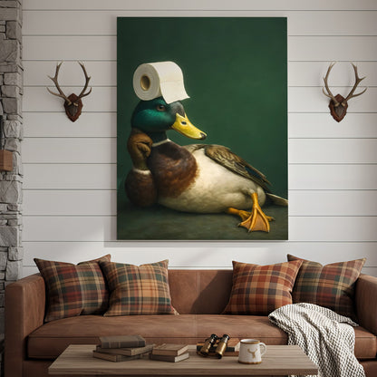 Funny Duck Bathroom Canvas Wall Art – Quirky Rustic Lodge Decor – Mallard Humor Gift Idea