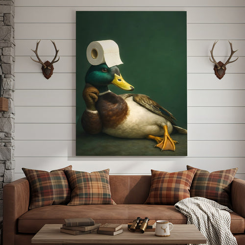 Funny Duck Bathroom Canvas Wall Art – Quirky Rustic Lodge Decor – Mallard Humor Gift Idea