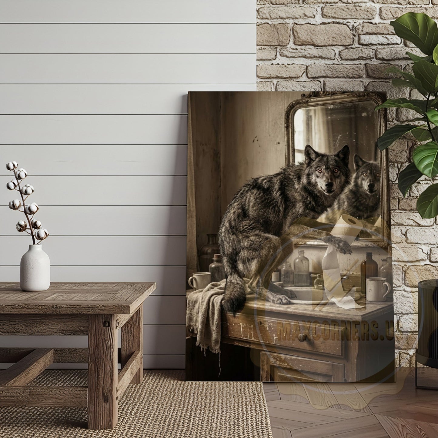 Wolf Canvas Rustic Bathroom Mirror Reflection Vanity Canvas Wall Art