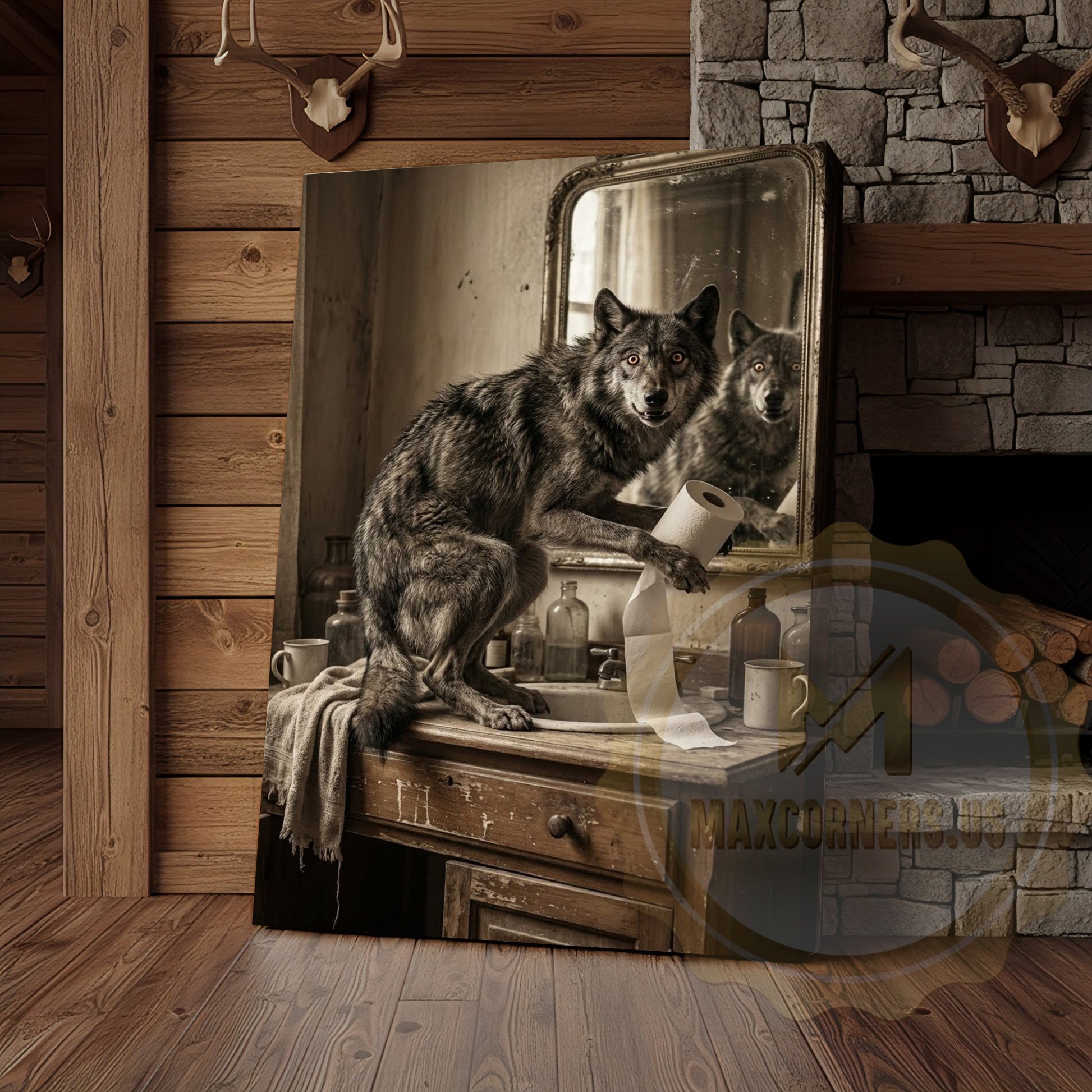 Wolf Canvas Rustic Bathroom Mirror Reflection Vanity Canvas Wall Art