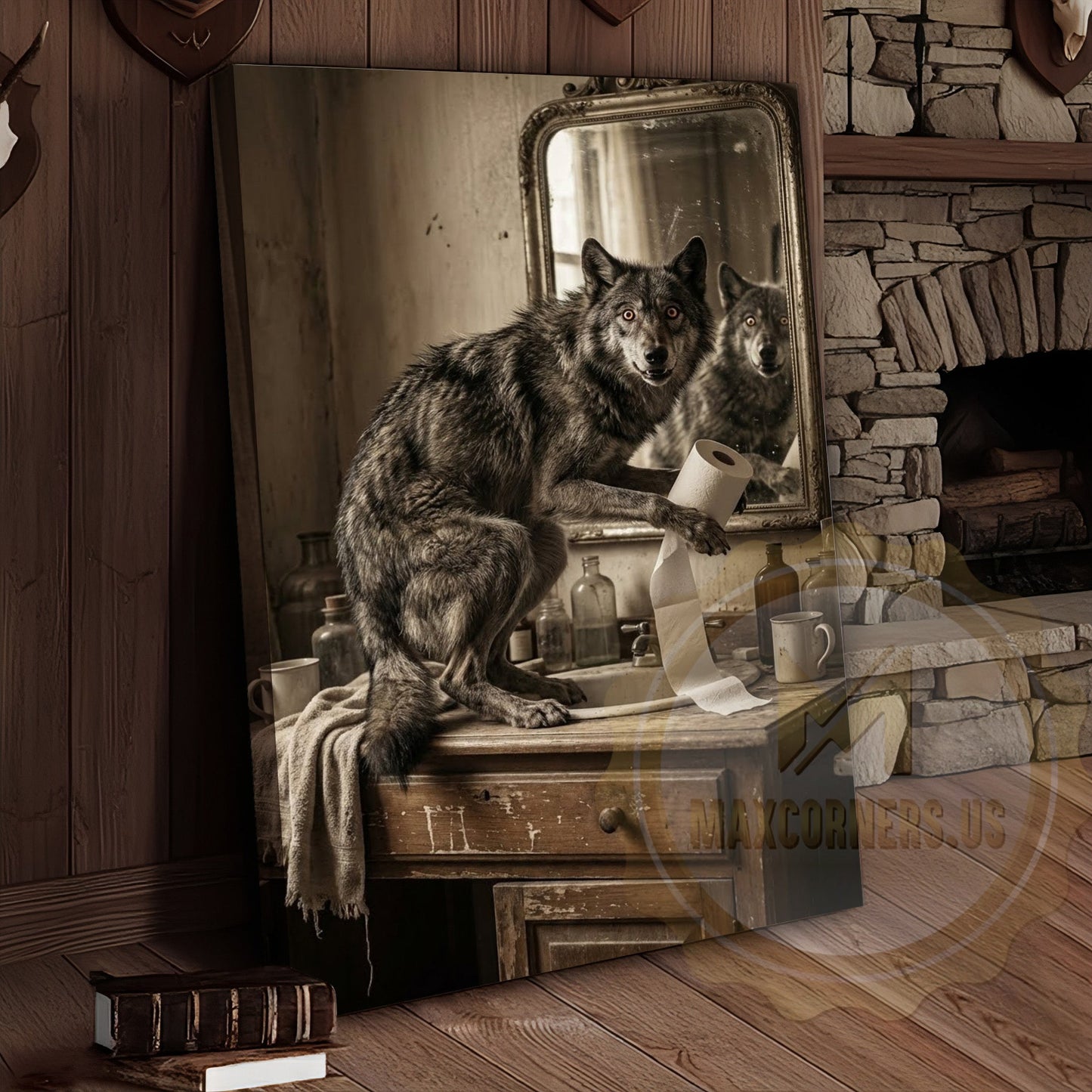 Wolf Canvas Rustic Bathroom Mirror Reflection Vanity Canvas Wall Art