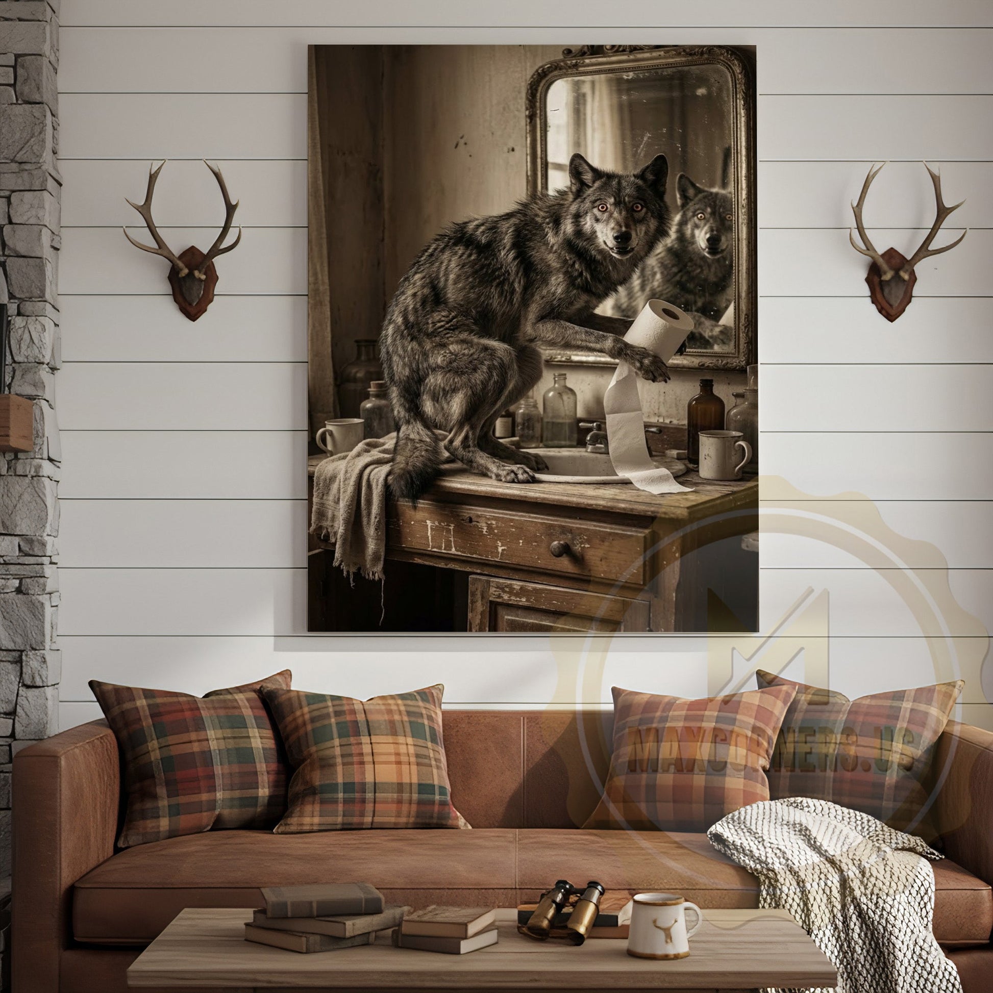 Wolf Canvas Rustic Bathroom Mirror Reflection Vanity Canvas Wall Art