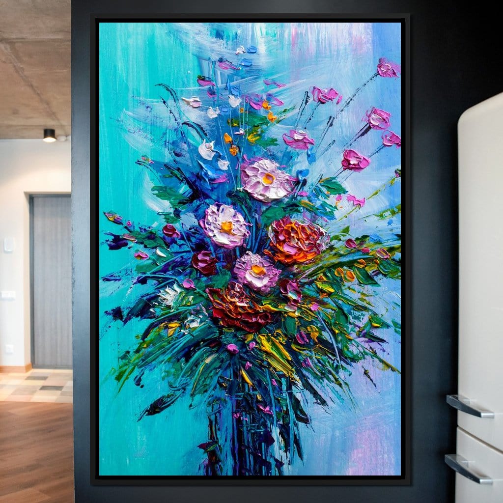 Bouquet of Flowers on Blue Background Canvas Wall Art