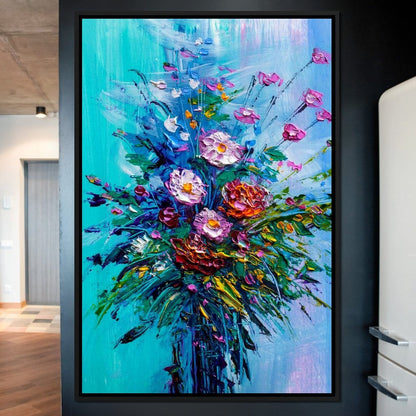 Bouquet of Flowers on Blue Background Canvas Wall Art