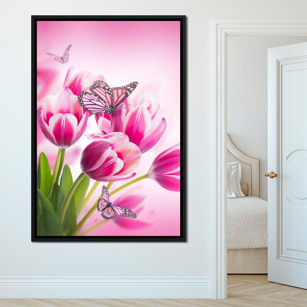 Bouquet of Pink Tulips & Butterflies Canvas Wall Art