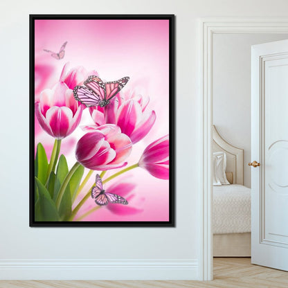 Bouquet of Pink Tulips & Butterflies Canvas Wall Art