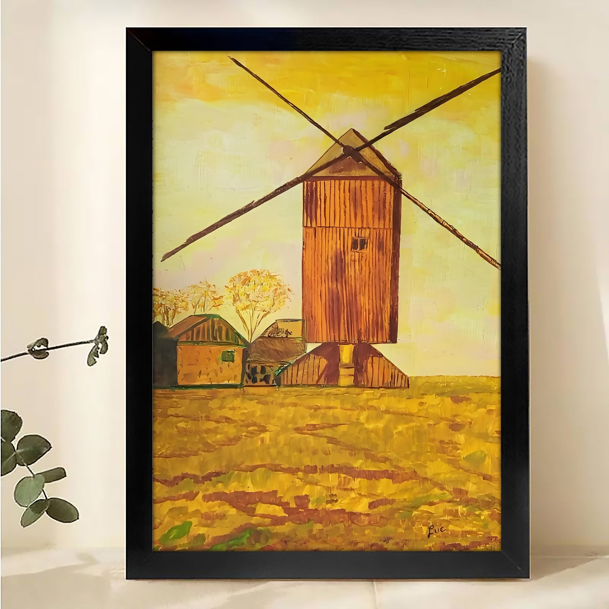 The Golden Windmill Field – Warm Rural Landscape Wall Art on Natural Wood Canvas