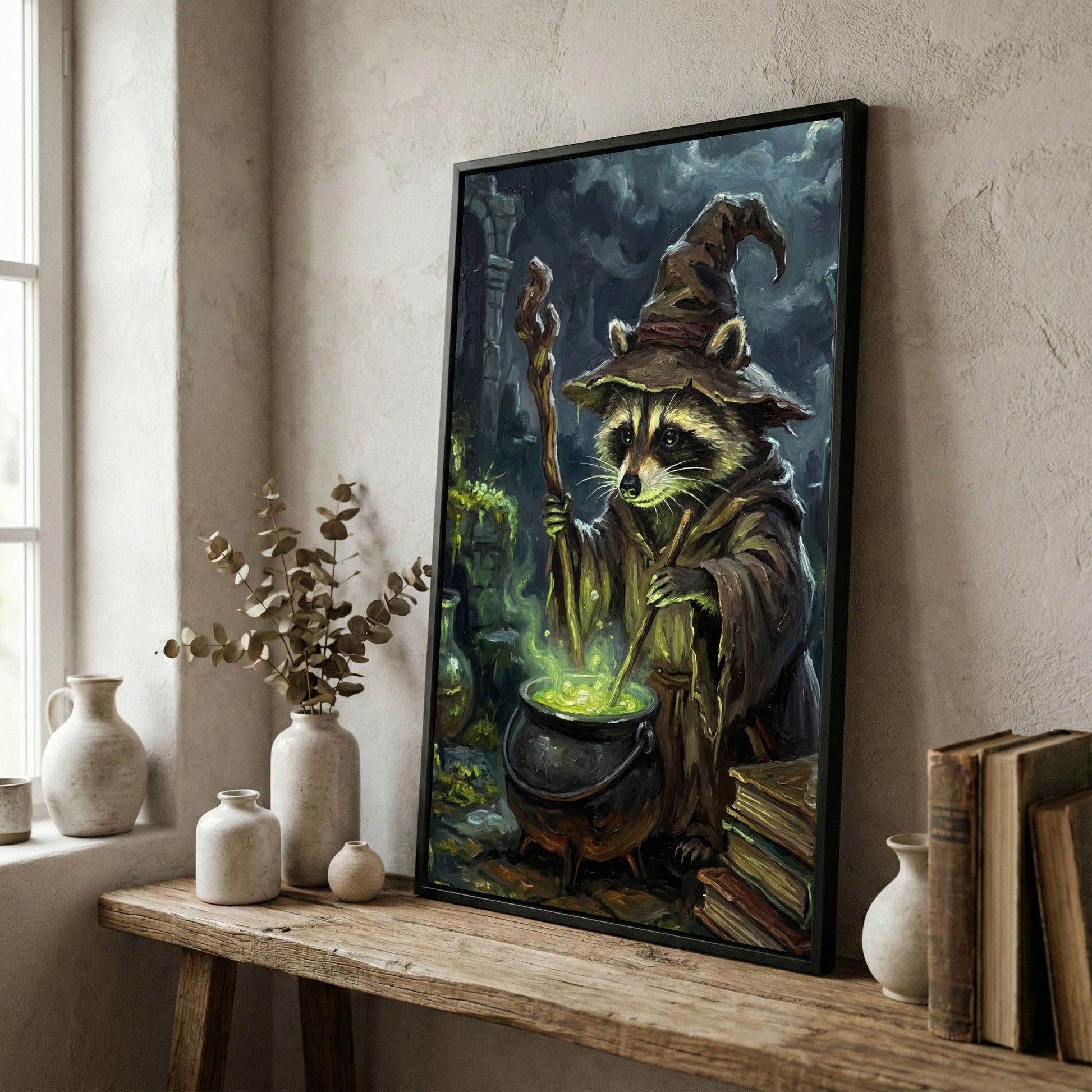 Wizard Raccoon Brewing Magic Potion Fantasy Art Canvas Wall Art