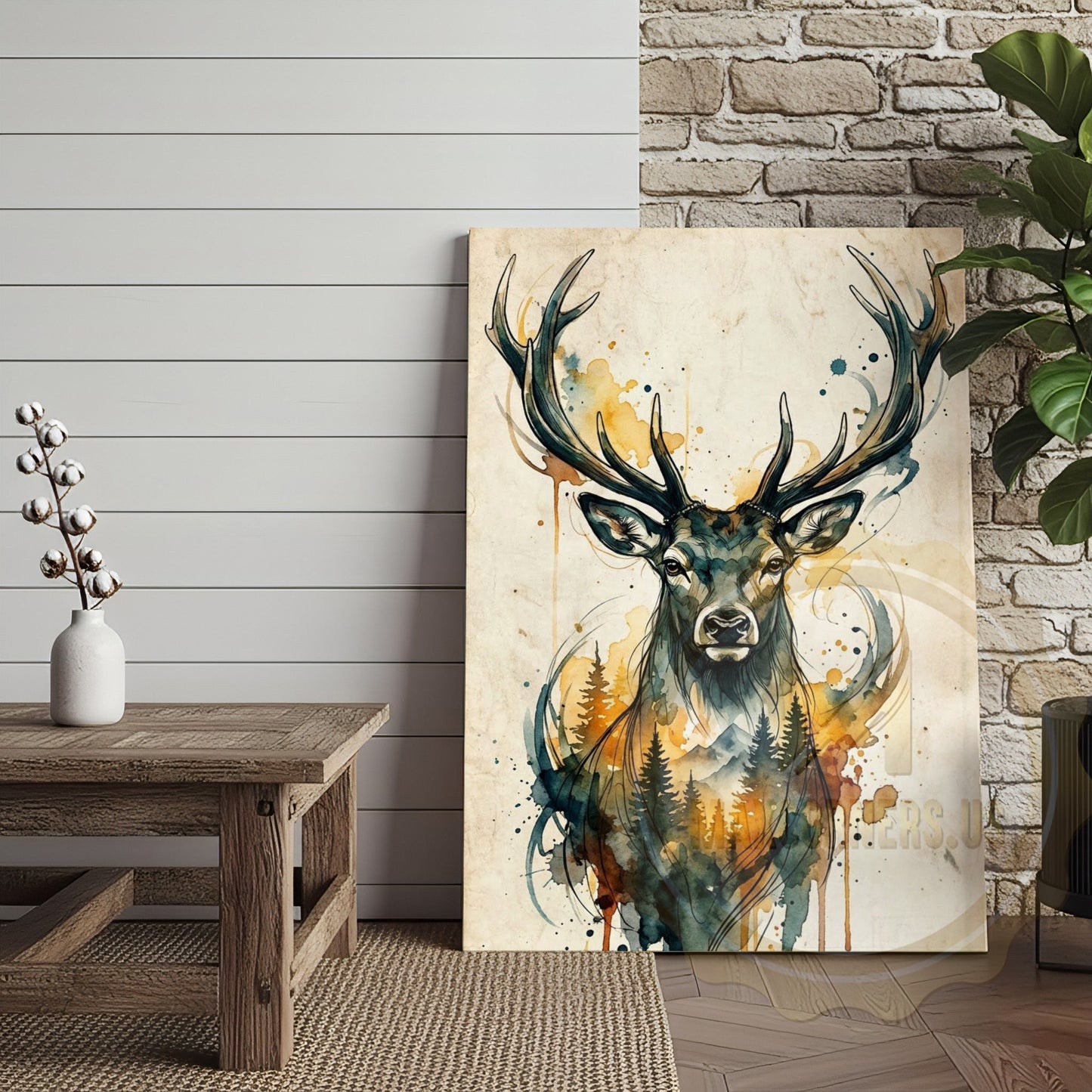 Watercolor Deer Canvas Wall Art - Golden Autumn Forest Scene