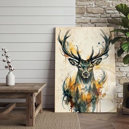 Watercolor Deer Canvas Wall Art - Golden Autumn Forest Scene