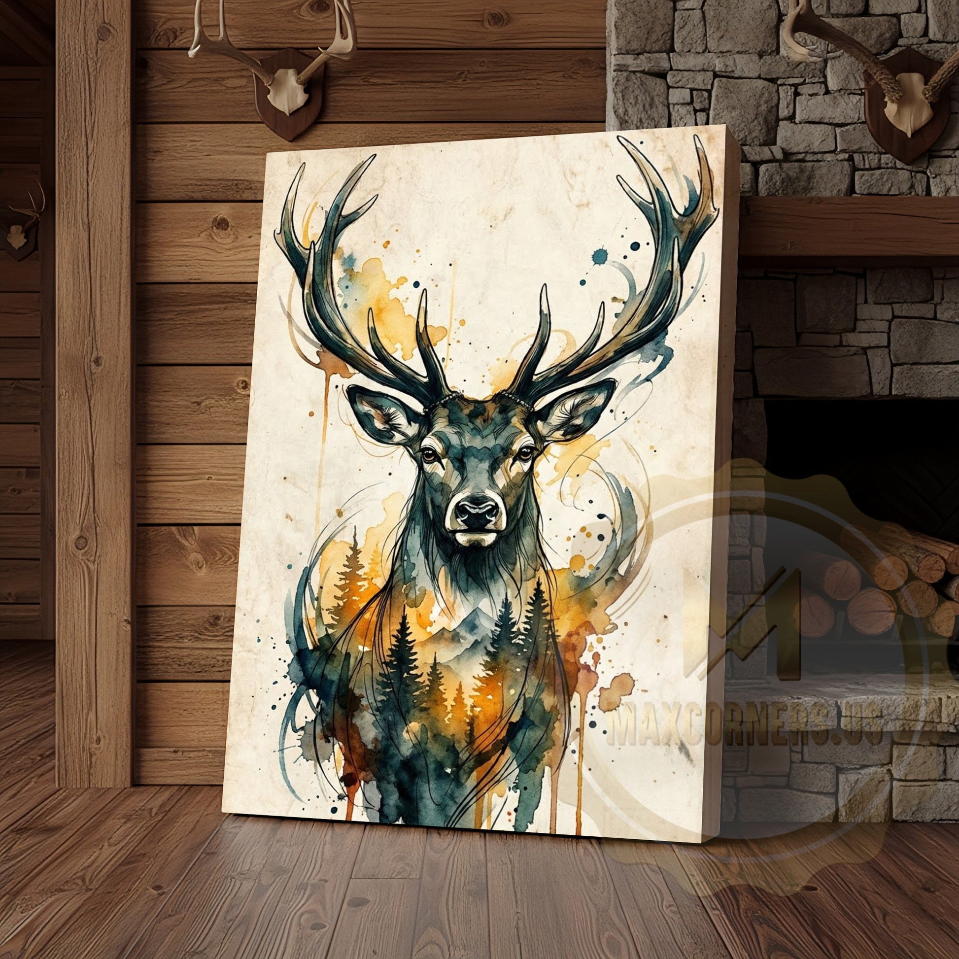 Watercolor Deer Canvas Wall Art - Golden Autumn Forest Scene