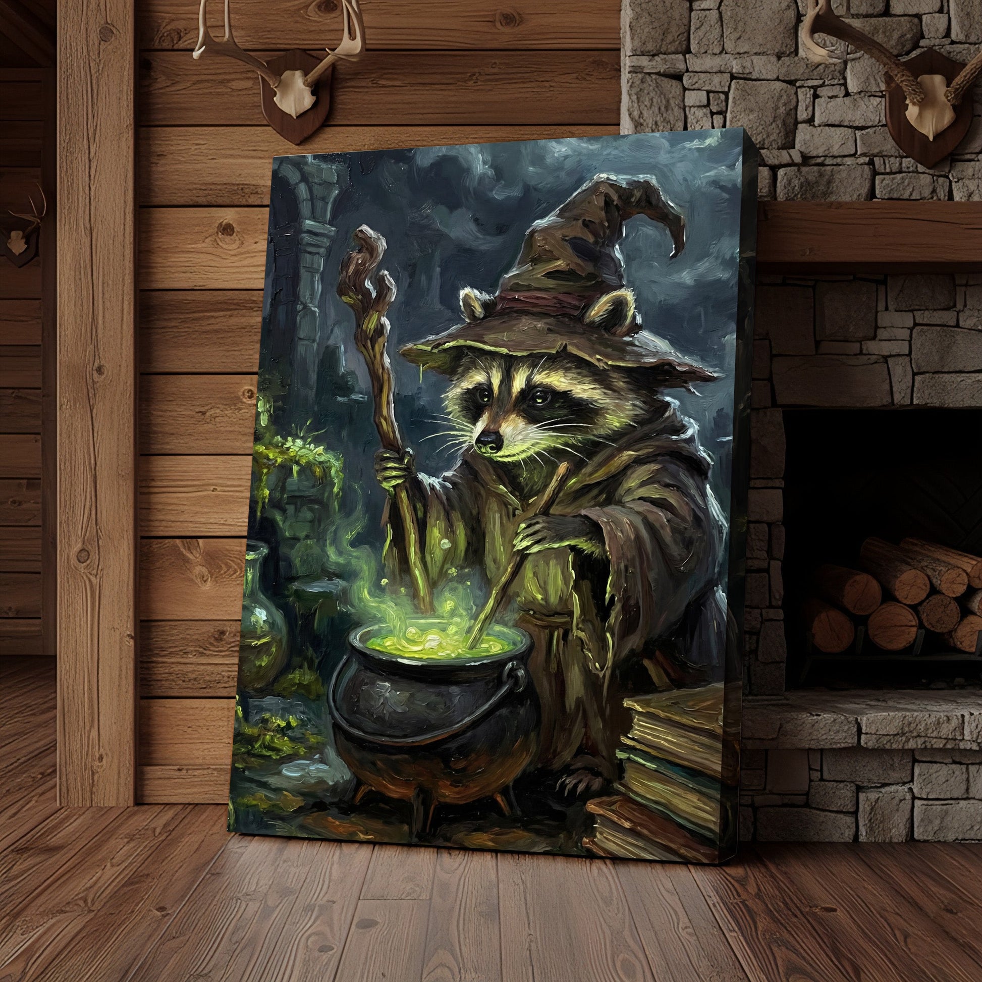 Wizard Raccoon Brewing Magic Potion Fantasy Art Canvas Wall Art