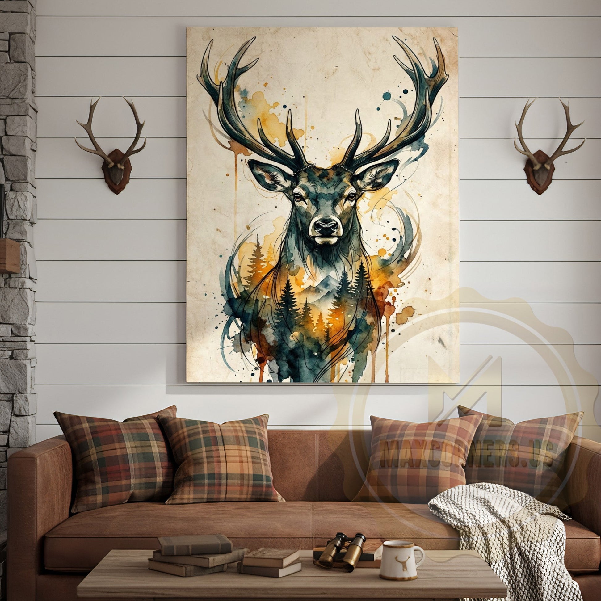 Watercolor Deer Canvas Wall Art - Golden Autumn Forest Scene