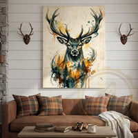 Watercolor Deer Canvas Wall Art - Golden Autumn Forest Scene