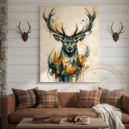 Watercolor Deer Canvas Wall Art - Golden Autumn Forest Scene
