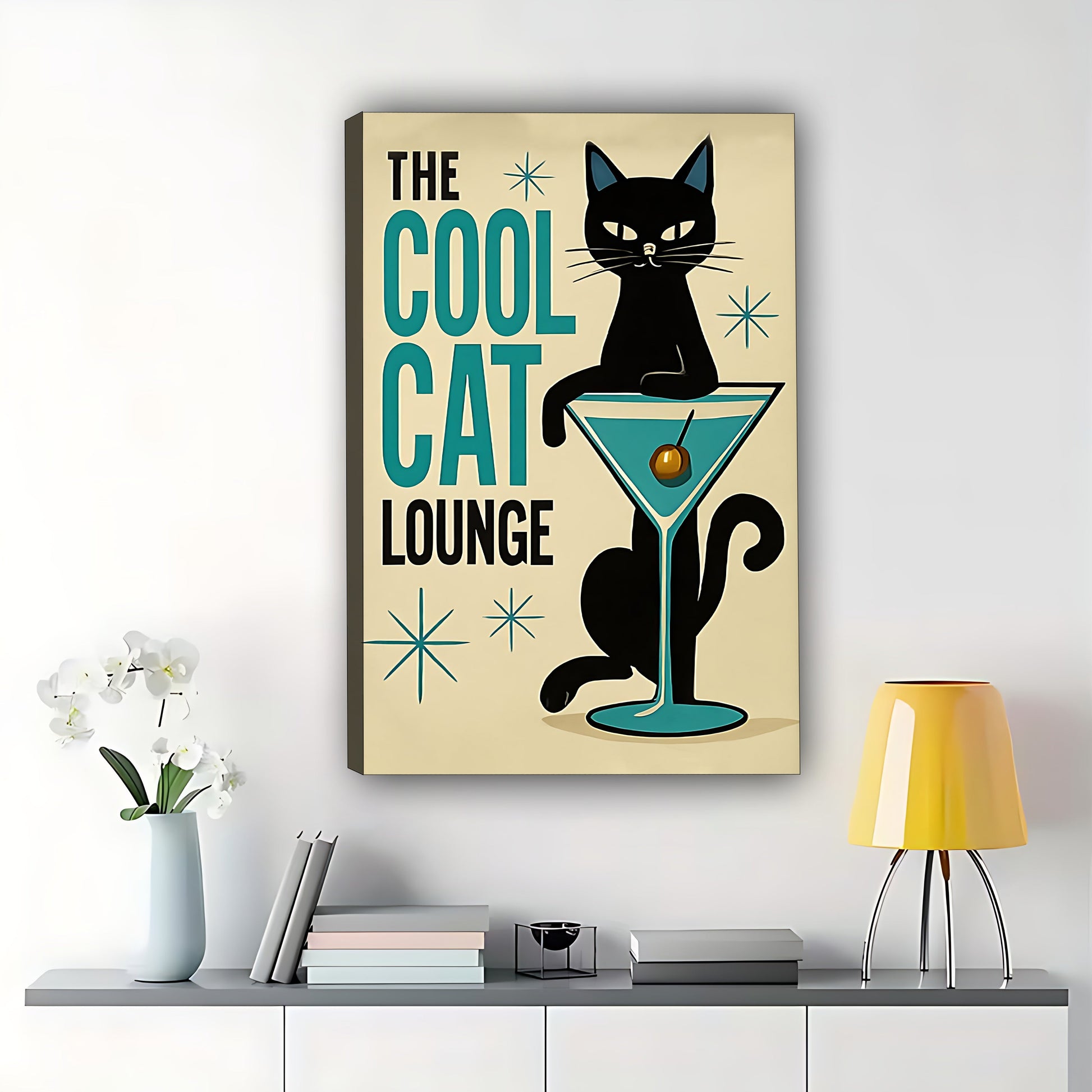 The Cool Cat Lounge – Retro Cat Wall Art on Natural Wood Canvas