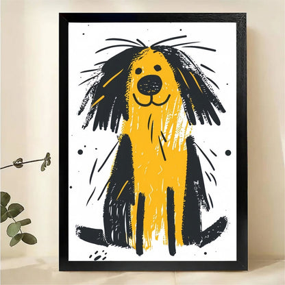 Happy Shaggy Dog Wall Art - Cheerful Yellow Black Print
