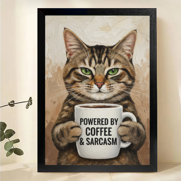 Cat Coffee Wall Art - Powered by Coffee & Sarcasm Print