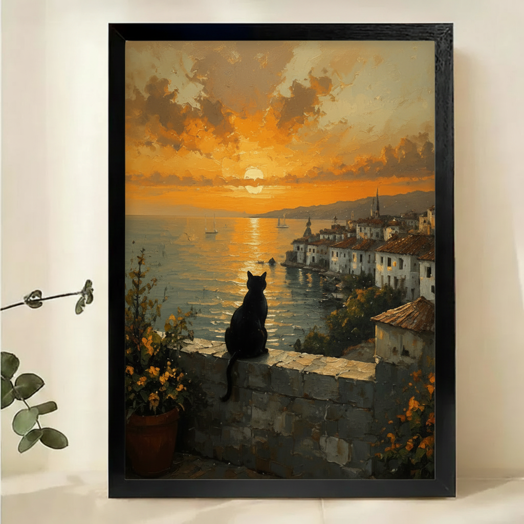 Black Cat Overlooking Mediterranean Sunset Wall Art – Golden Hour Landscape Canvas Print on Natural Wood Frame