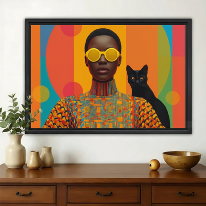 Afrofuturist Woman & Black Cat Wall Art – Bold Pop Art Fashion Canvas Print on Natural Wood Frame