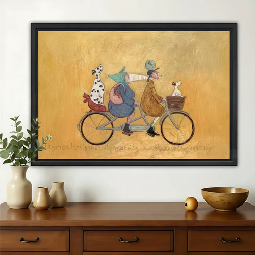Merrily We Go Along Tandem Bicycle Wall Art – Whimsical Folk Art Canvas Print on Natural Wood Frame
