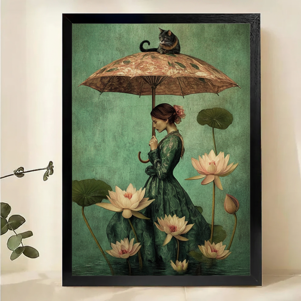 Lady with Cat Umbrella in the Lotus Pond Wall Art – Dark Romantic Oil Painting Canvas Print on Natural Wood Frame