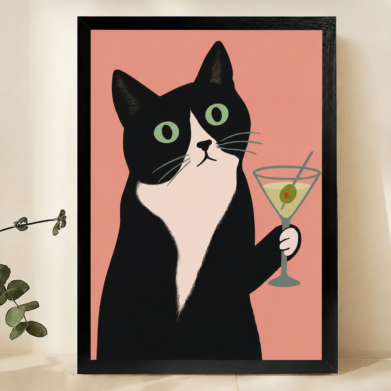 Tuxedo Cat with Martini Glass Wall Art – Whimsical Pop Art Cat Canvas Print on Natural Wood Frame